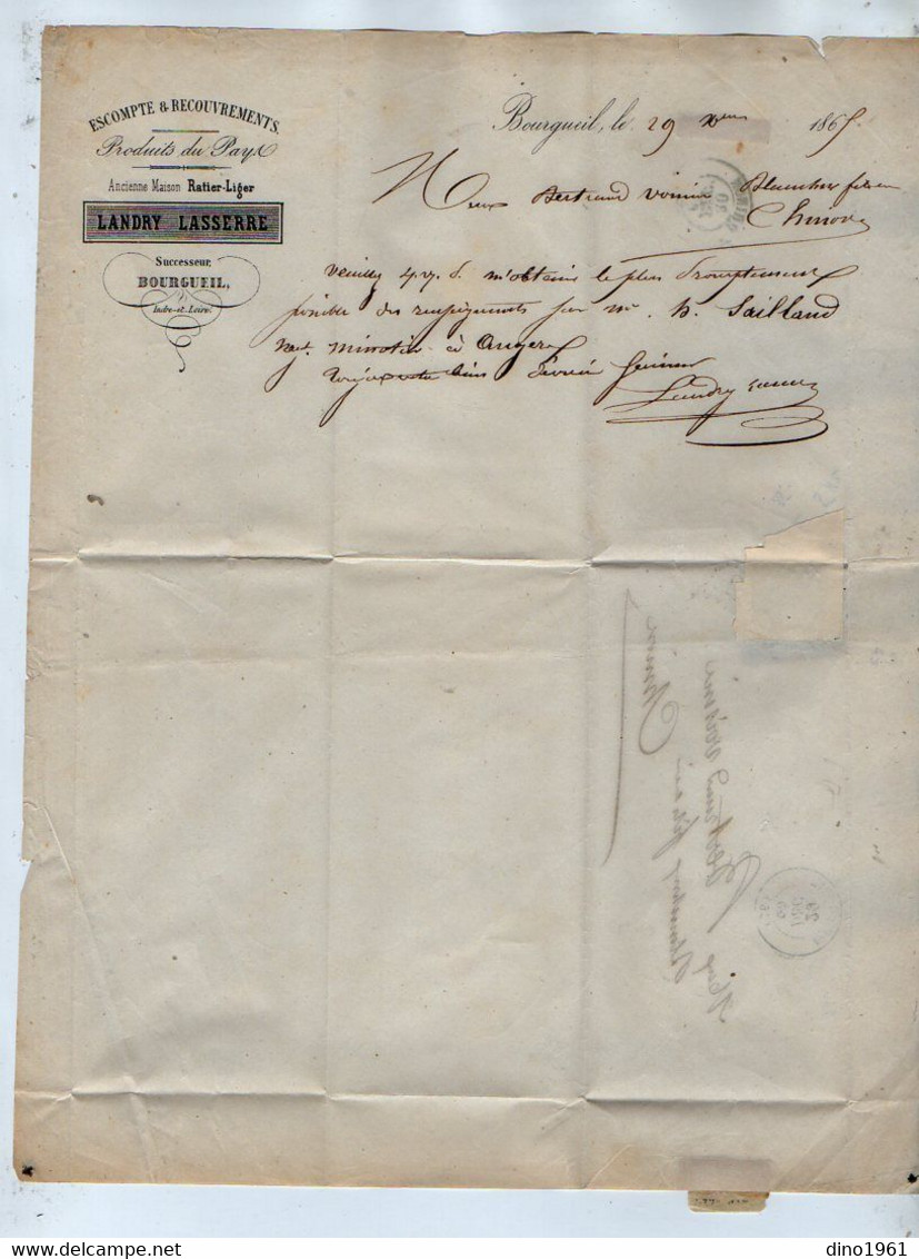 VP19.466 - 1865 - Lettre - Escompte & Recouvrements LANDRY - LASSERRE à BOURGUEIL  Pour CHINON - Bank En Verzekering