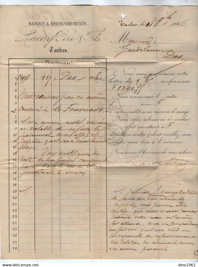 VP19.467 - 1866 - Lettre / Bordereau - Banque & Recouvrements LACAY Père & Fils à TARBES Pour DAX - Banco & Caja De Ahorros