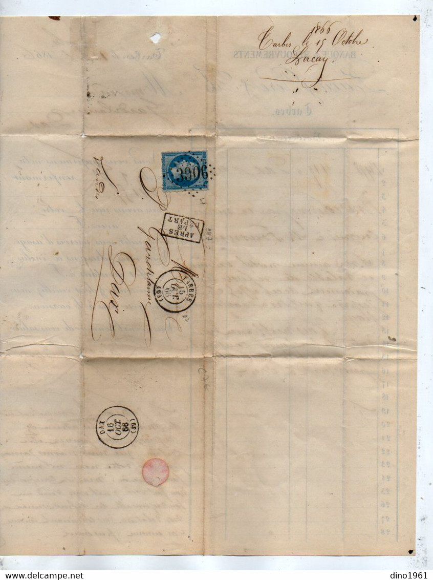 VP19.467 - 1866 - Lettre / Bordereau - Banque & Recouvrements LACAY Père & Fils à TARBES Pour DAX - Banque & Assurance