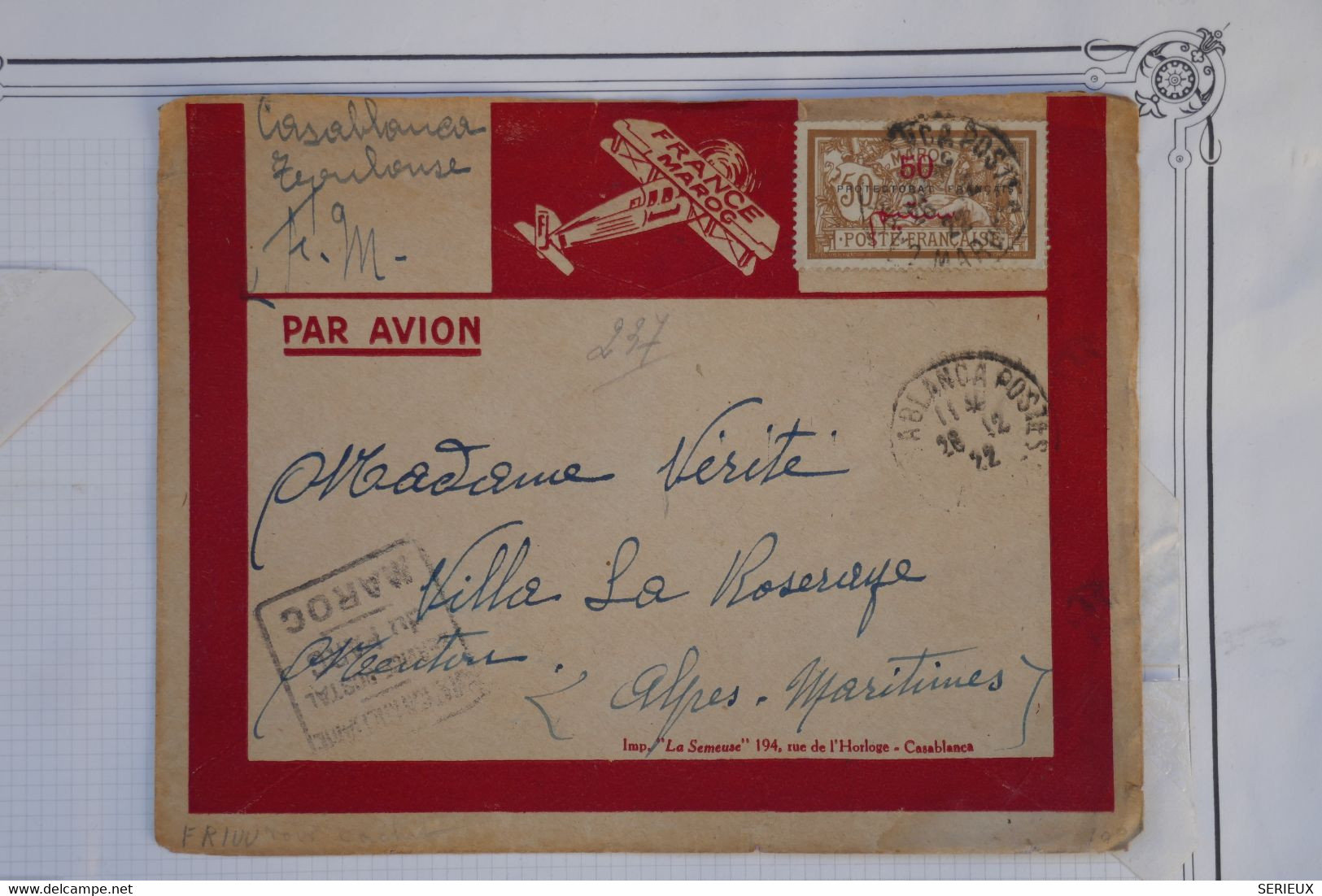 AU1  MAROC  BELLE  LETTRE 1922 CASABLANCA TOULOUSE PAR AVION A MENTON V.  LA ROSERAY +SURCHARGES+ AFF. PLAISANT - Airmail