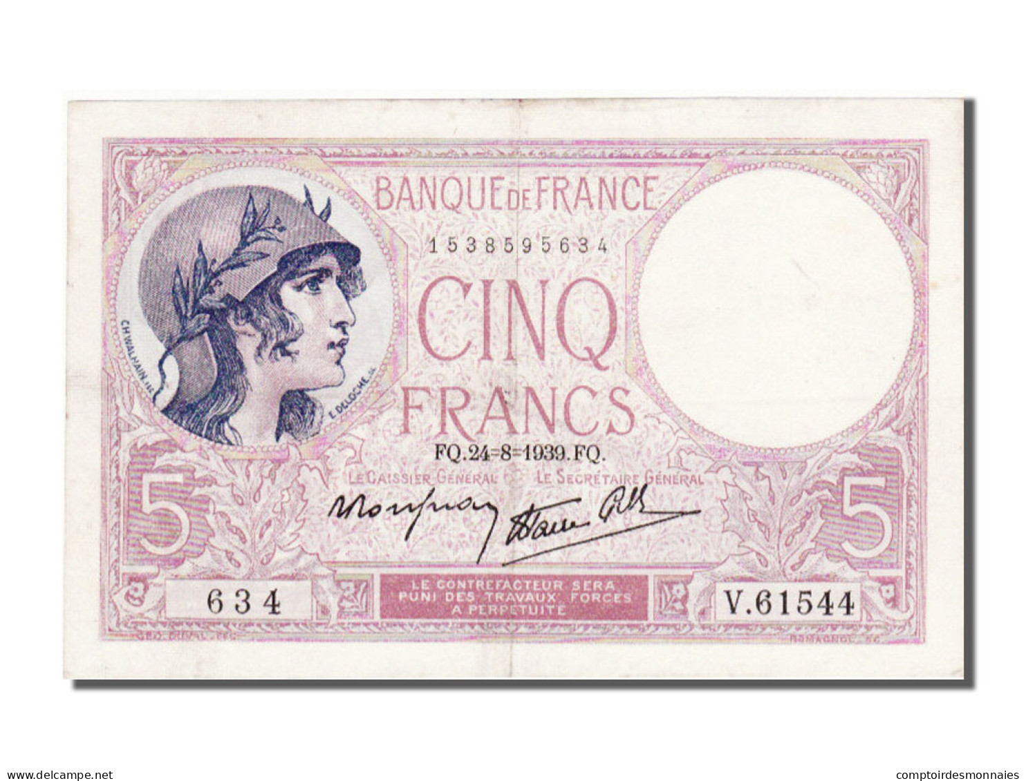 Billet, France, 5 Francs, 5 F 1917-1940 ''Violet'', 1939, 1939-08-24, SUP+ - 5 F 1917-1940 ''Violet''