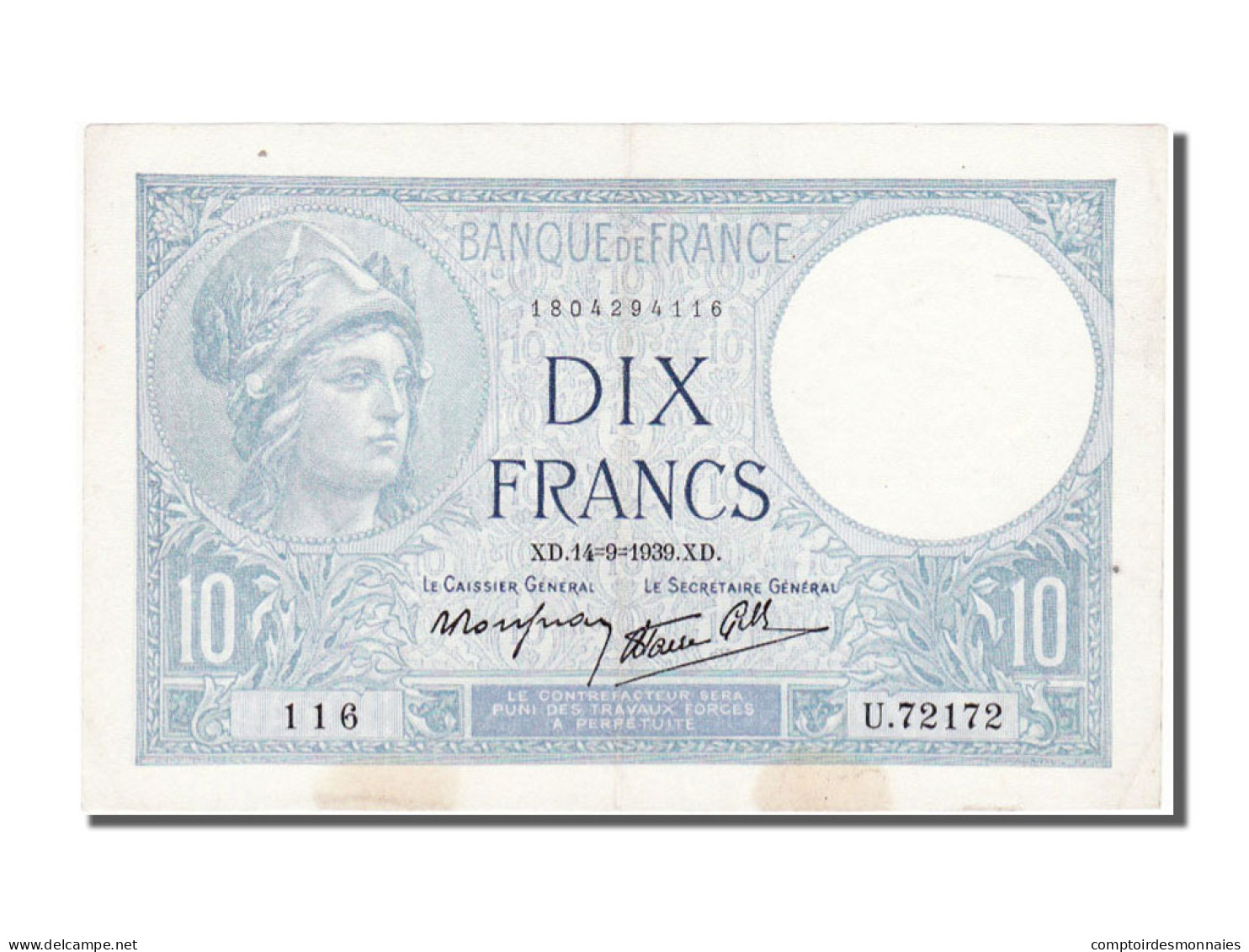 Billet, France, 10 Francs, 10 F 1916-1942 ''Minerve'', 1939, 1939-09-07, SUP - 10 F 1916-1942 ''Minerve''