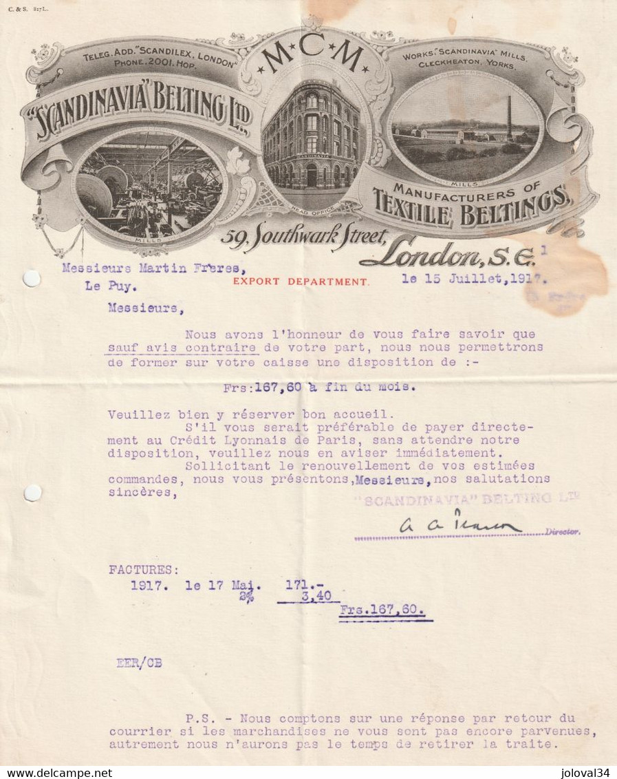 Royaume Uni Lettre Illustrée 15/7/1917 MCM Scandinavia Belting Textile LONDON - Tache - Royaume-Uni