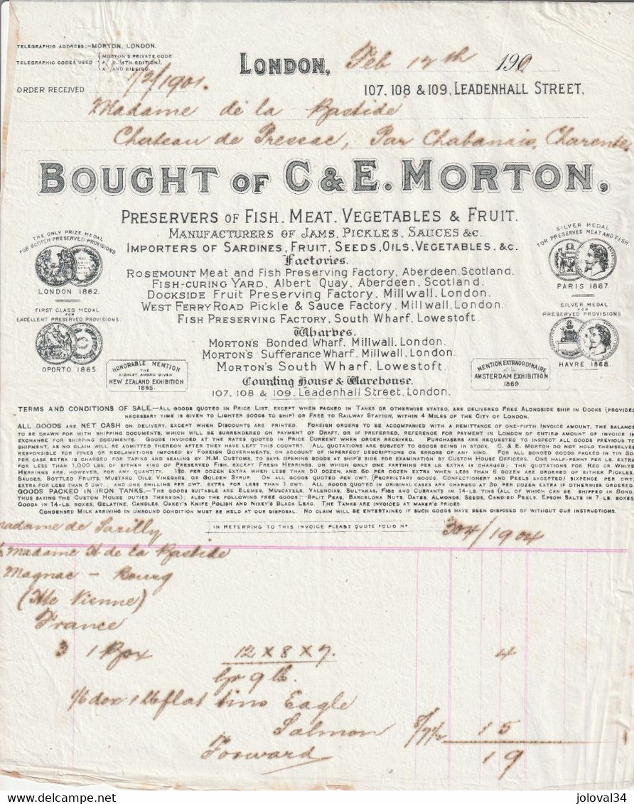 Royaume Uni Lettre Illustrée 1/2/1901 Bought Of C E MORTON Preservers Of Fish, Meat Sardines LONDON érosion Papier Fin - Royaume-Uni