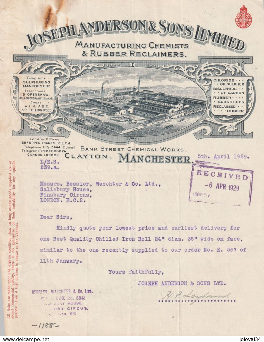 Royaume Uni Lettre Illustrée 5/4/1929 JOSEPH ANDERSON Manufacturing Chemists & Rubber Reclaimers MANCHESTER - Tache - Royaume-Uni