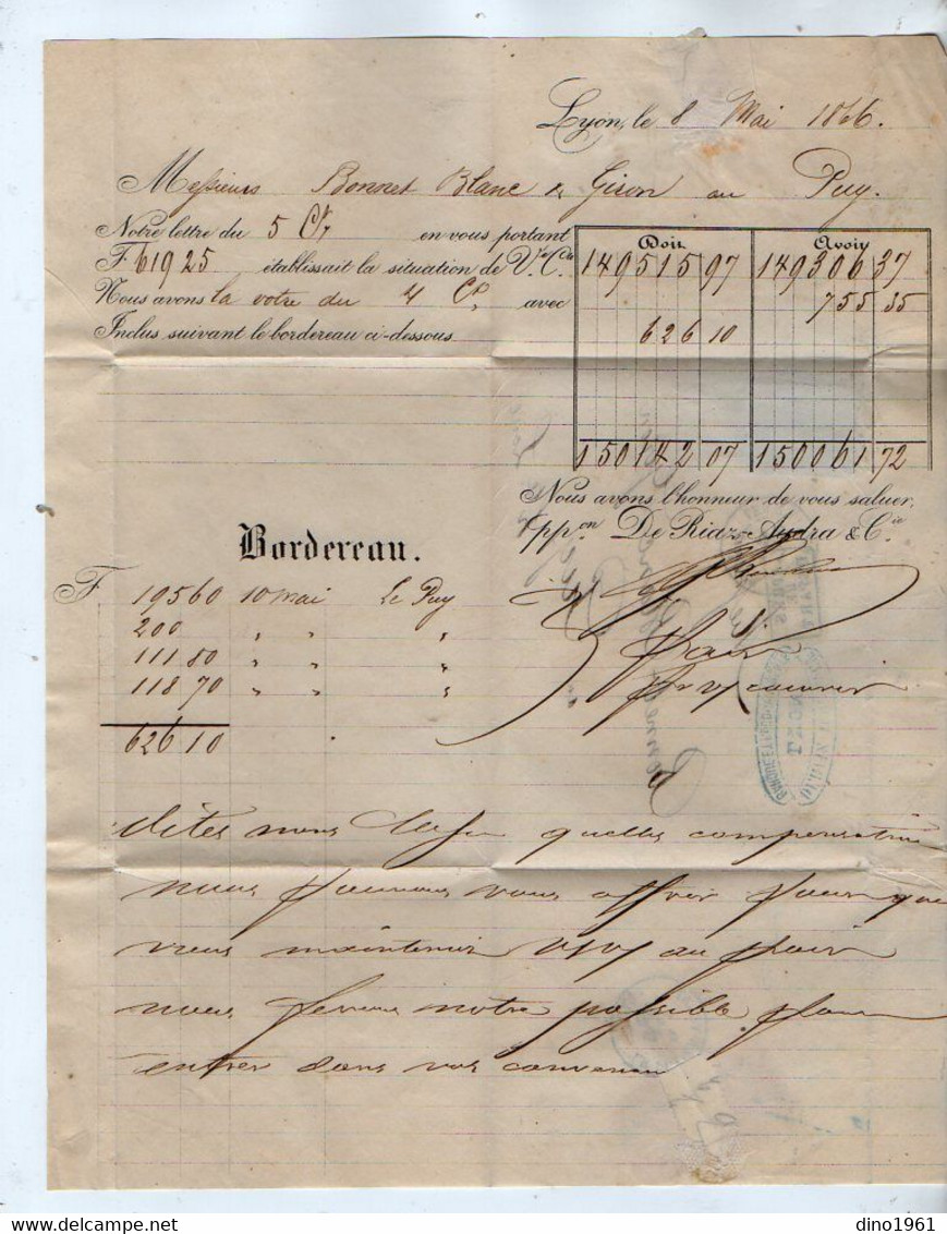 VP19.470 - 1866 - Lettre / Bordereau - Banque De RIAZ - AUDRA Et Cie à LYON Pour LE PUY - Bank En Verzekering