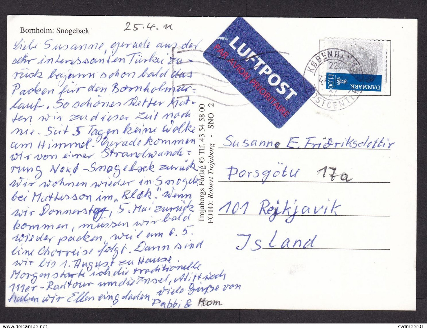 Denmark: Picture Postcard To Iceland, 2011, 1 Stamp, Queen, Curiosity: German Air Label, Card: Snogebaek (pinhole) - Covers & Documents