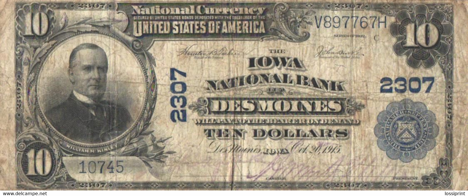 USA:Iowa National Bank Of Des Moines 10 Dollars, Series Of 1902, 1915 - Iowa