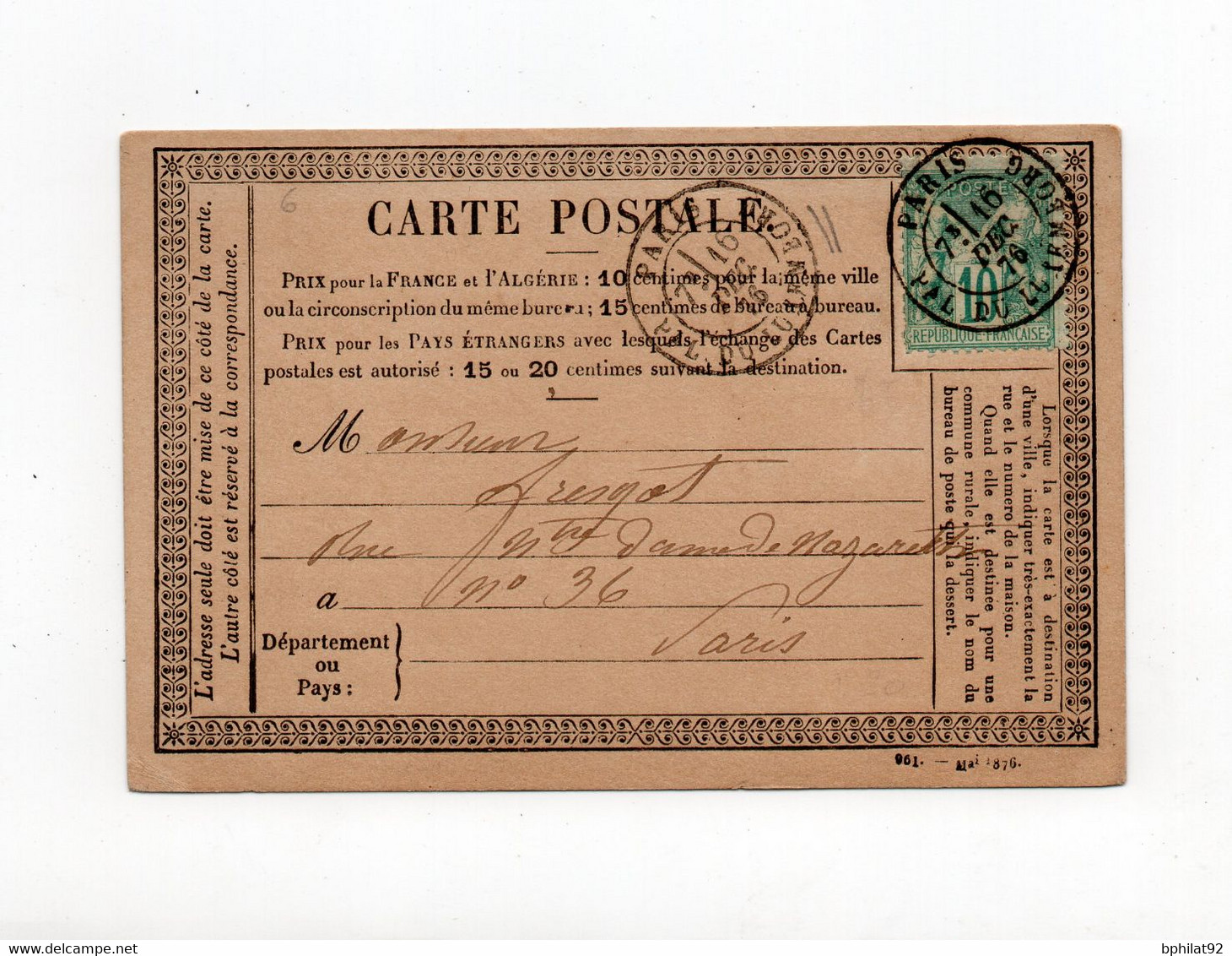 !!! CARTE PRECURSEUR TYPE SAGE AFFRANCH 10 C SAGE, DE PARIS POUR PARIS DE 1876 - Cartoline Precursori