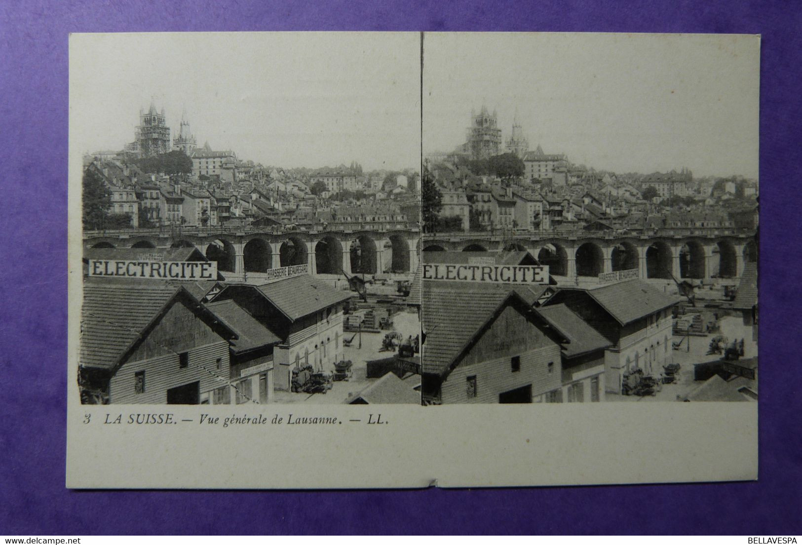 La Suisse Stereo View Lausanne. Moteurs A Gas  Petrol Electricite & Brasserie Beauregarde  Carte Stereoscope Stereo - Stereoscope Cards