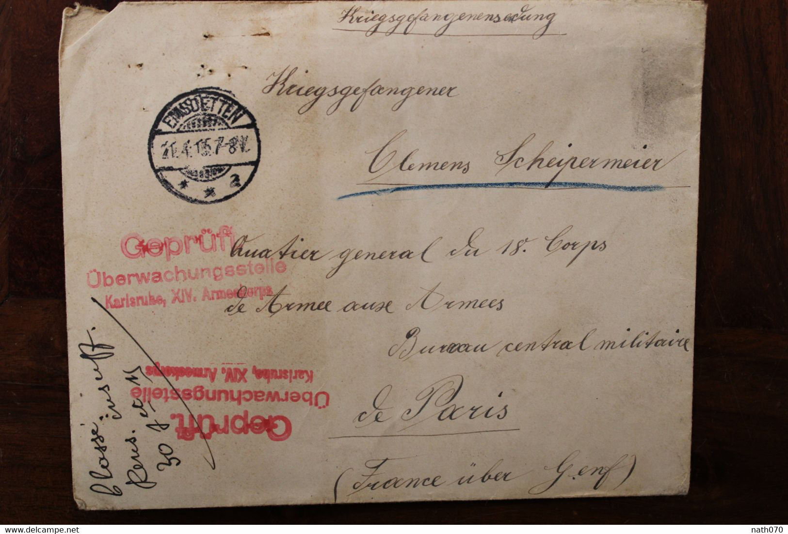 1915 Emsdetten Geprüft KG Cover France WW1 WK1 Guerre Classé Renseignement Insuffisant Kriegsgefangenen POW - Cartas & Documentos