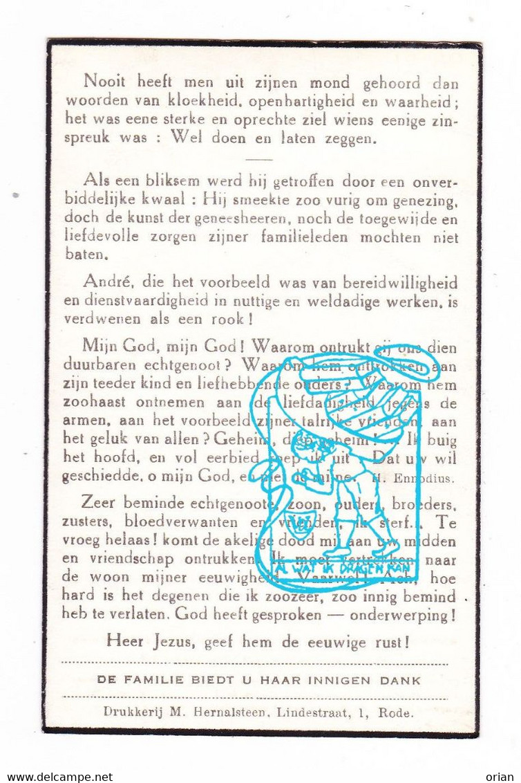 DP Ere Bestuurslid Fanfare Wel Doen En Laten Zeggen - André Van Aerden 29j° St-Genesius-Rode 1910 † Ukkel 1939 X Glibert - Andachtsbilder