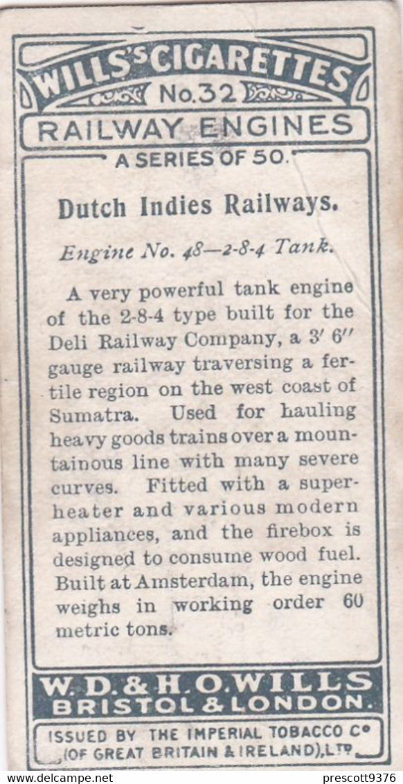 Railway Engines 1924 -  32 Dutch Indies  Railways   - Wills Cigarette Card - Trains - Wills