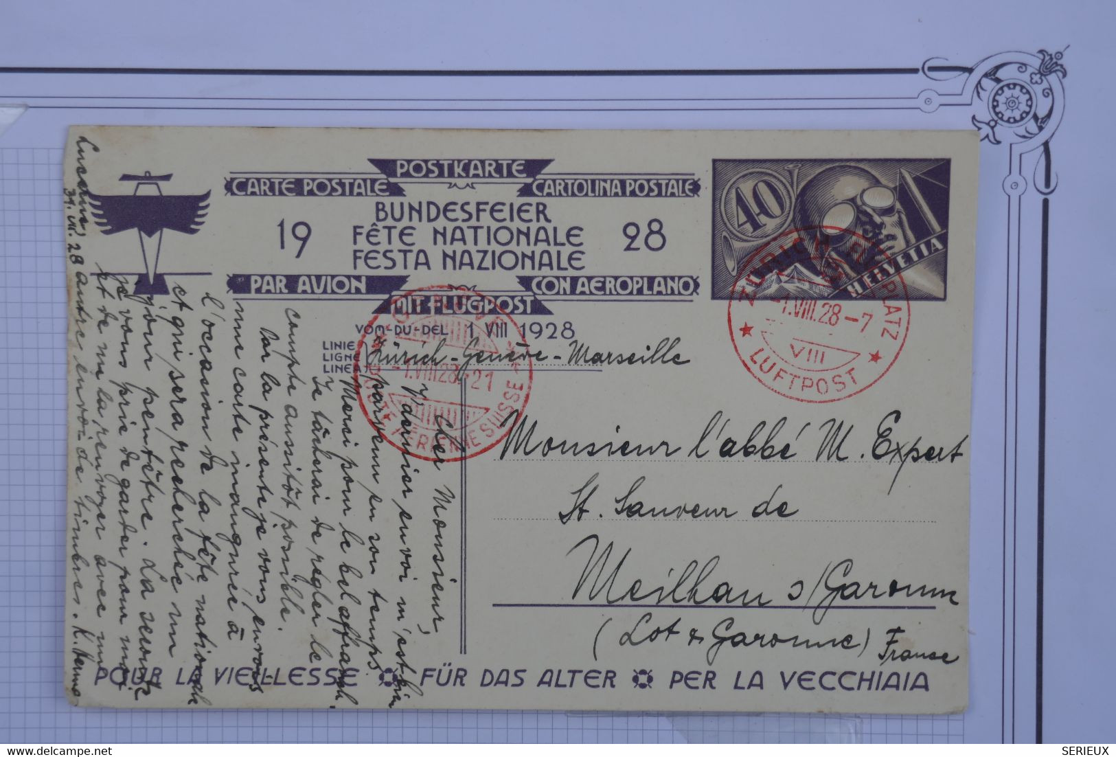 O 24 SUISSE  BELLE CARTE ENTIER 1928 ZURICH  POUR MEILHAN  FRANCE +++ + AFFRANC. PLAISANT - Sonstige & Ohne Zuordnung