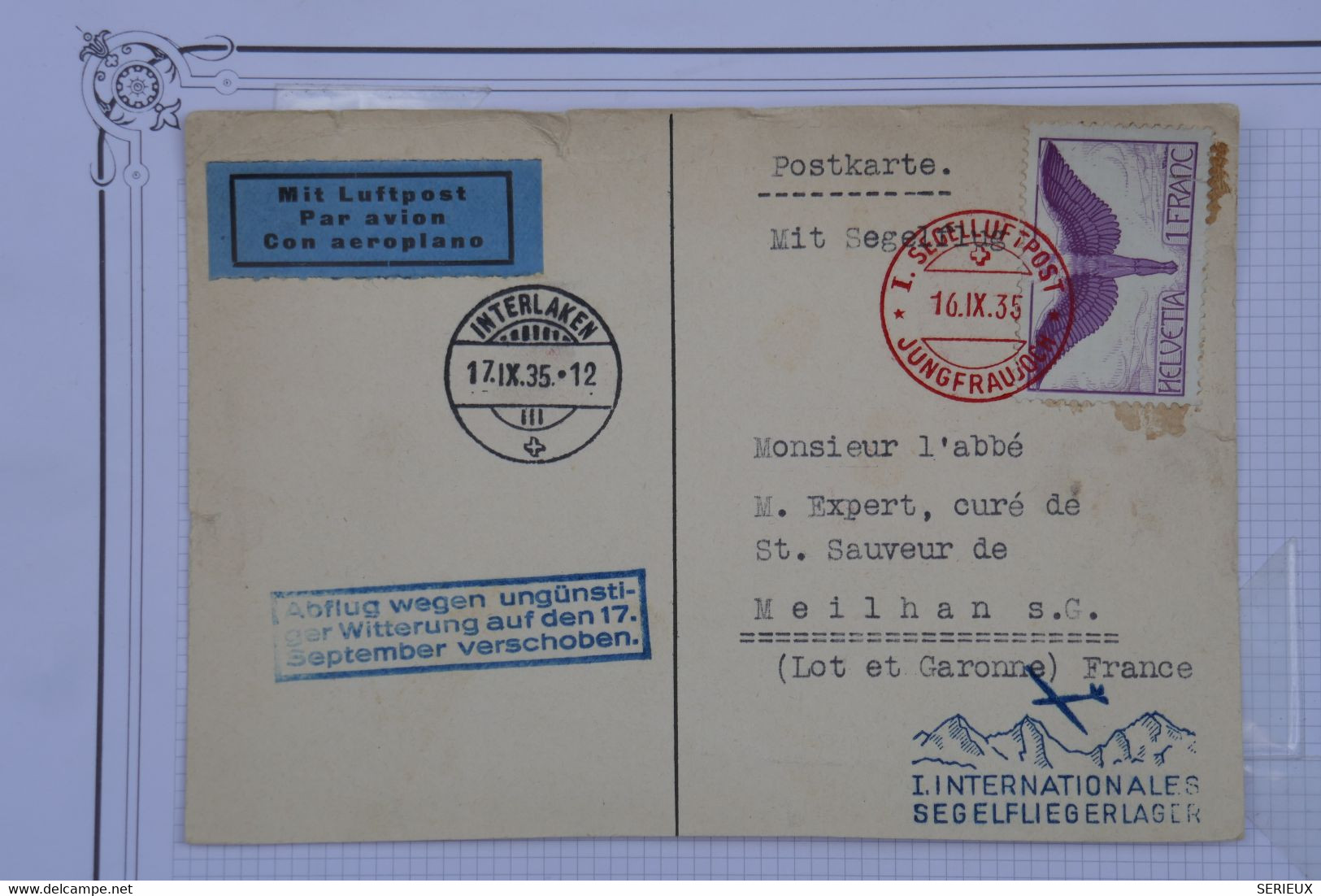 O 24 SUISSE  BELLE CARTE  1928 PAR AVION LUCERNE POUR MEILHAN  FRANCE +CACHET ROUGE + AFFRANC. PLAISANT - Andere & Zonder Classificatie