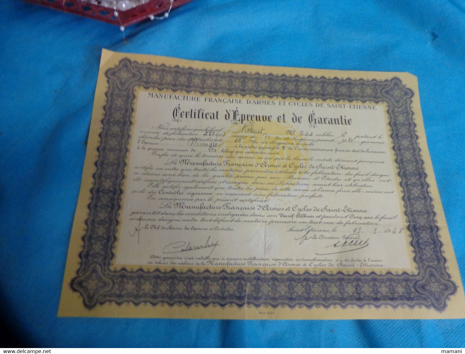 Certificat De Garantie Cycles D'armes Et Cycles St Etienne 15-5-1948 - Non Classificati