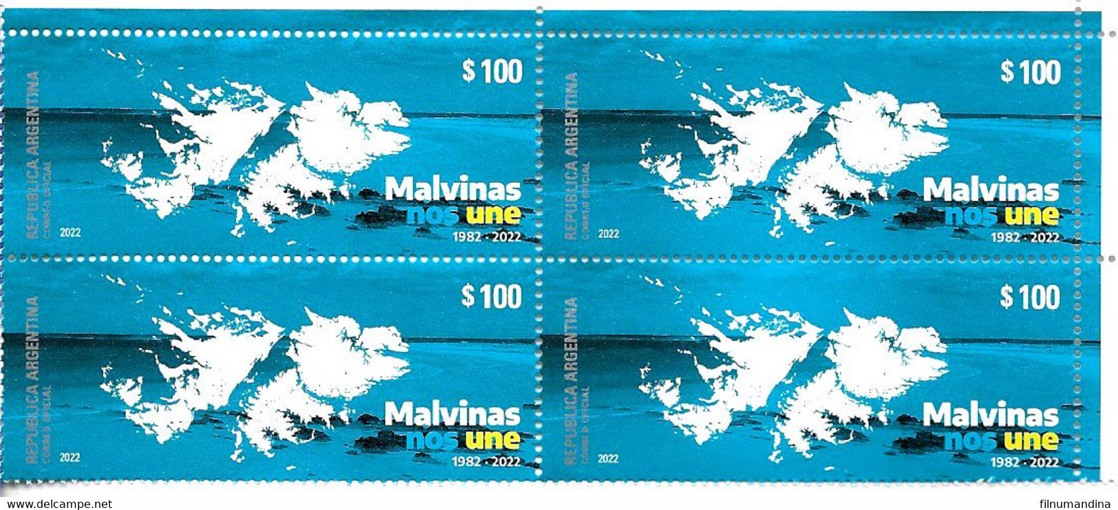 #75100 ARGENTINE,ARGENTINA 2022 MALVINAS (FALKLAND) WAR 40°REMEMBERING MAP BLOCX4 CUADRE MNH - Unused Stamps