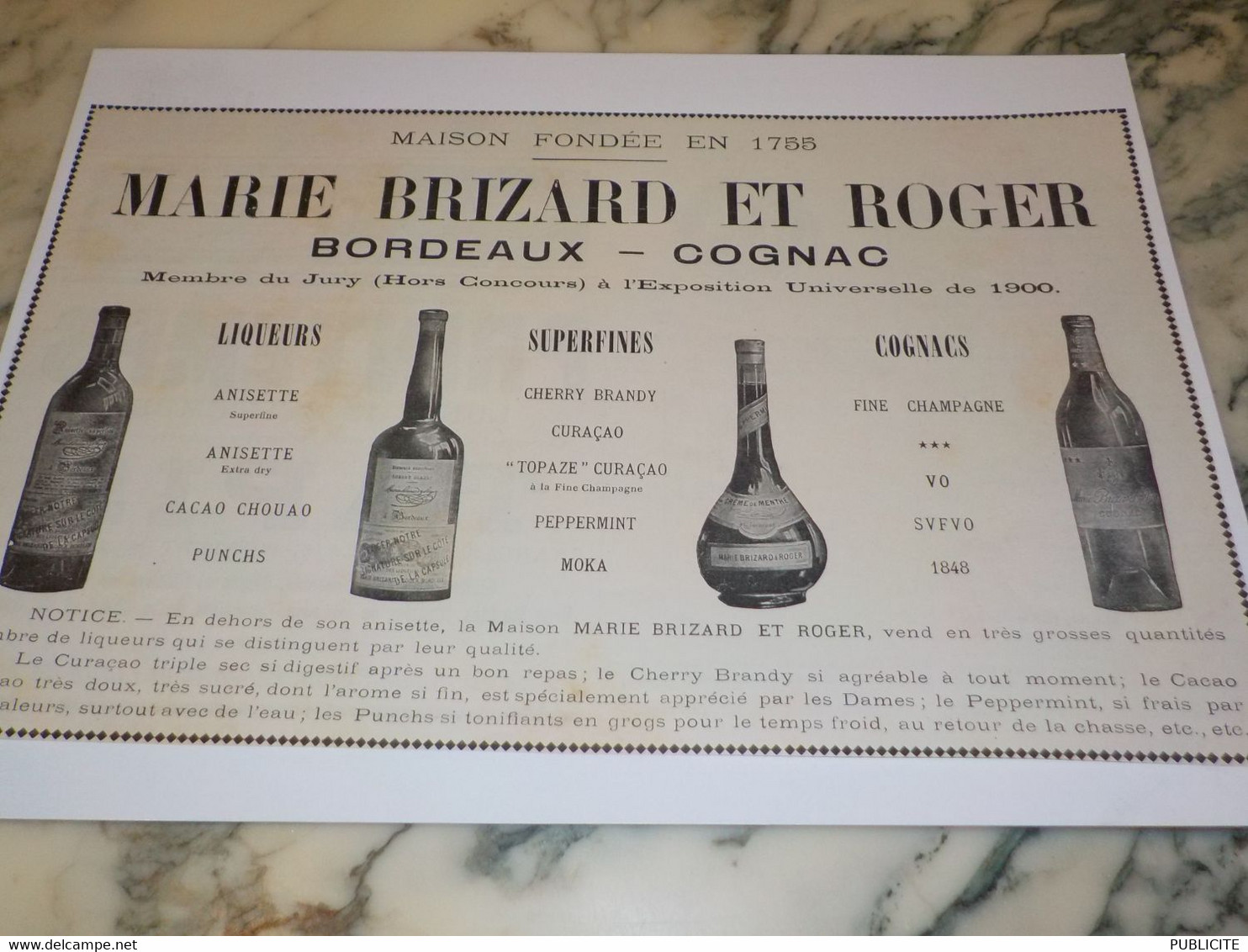 ANCIENNE PUBLICITE MARIE BRIZARD ET ROGER  1905 - Alcools