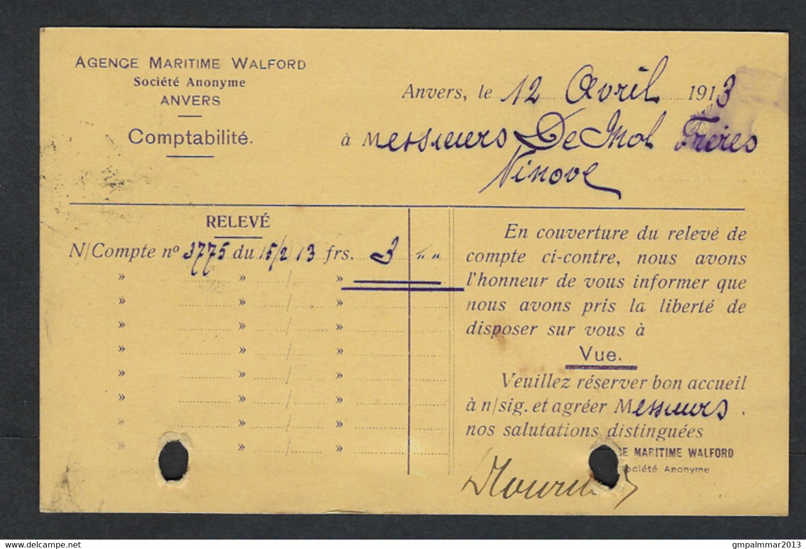 PERFIN / PERFO Postkaart Met Nr. 110 PELLENS En Firmaperforatie AMW Van AGENCE MARITIME WALFORD ; Zie 2 Scans ! LOT 179 - 1909-34