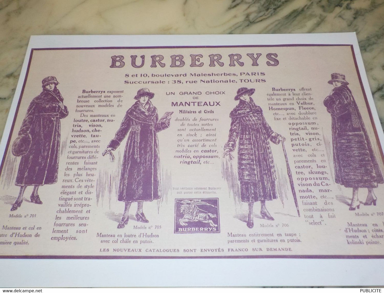 ANCIENNE PUBLICITE MANTEAUX POUR  DAMES BURBERRYS 1918 - 1900-1940