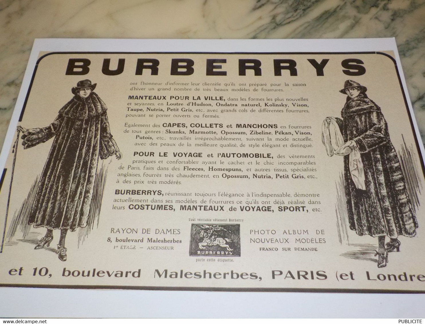 ANCIENNE PUBLICITE MANTEAUX POUR LA VILLE BURBERRYS 1918 - 1900-1940