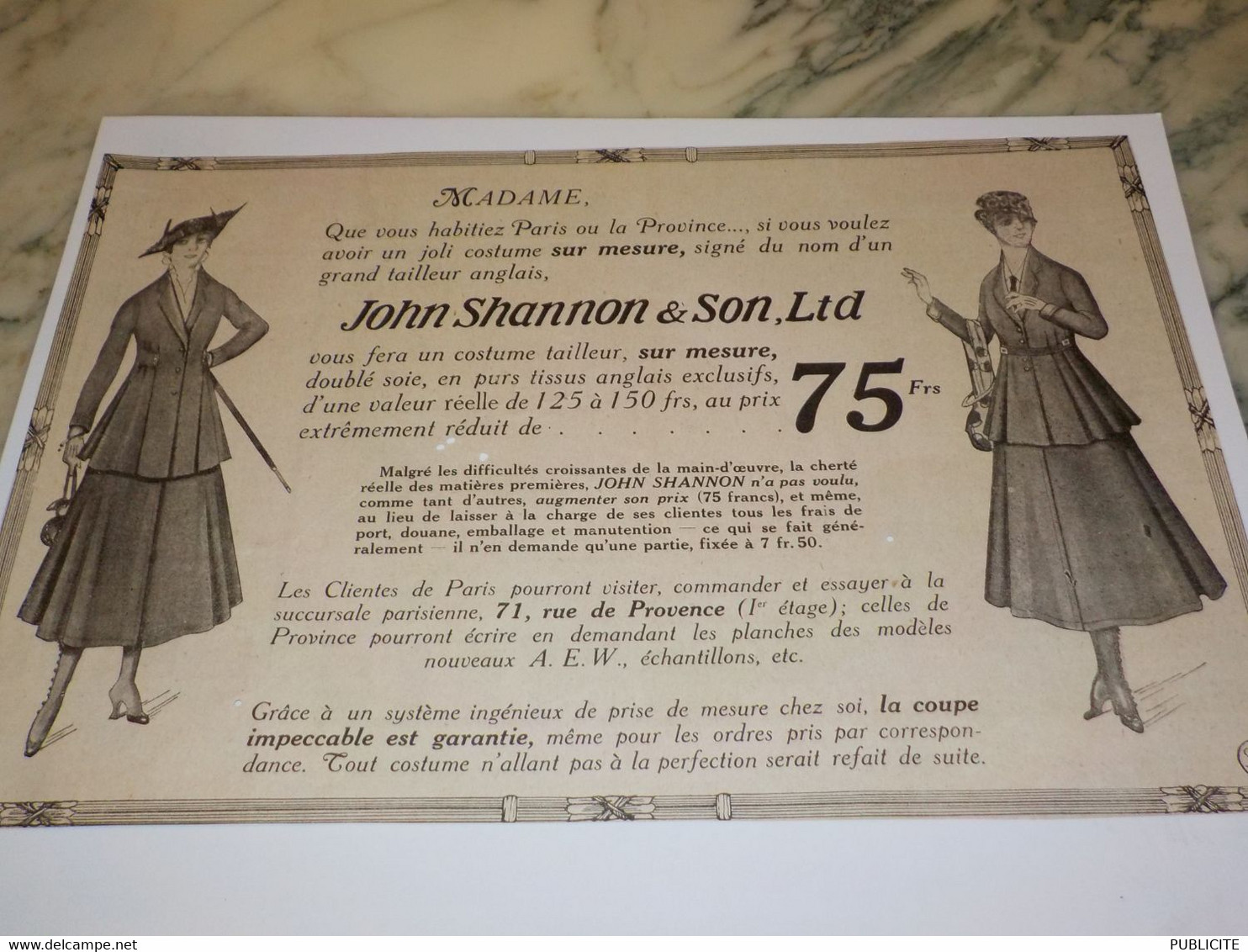 ANCIENNE PUBLICITE TAILLEUR SUR MESURE JOHN SHANNON 1916 - 1900-1940