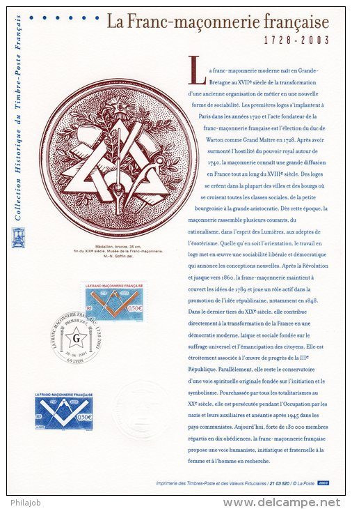 &#9989; " LA FRANC-MACONNERIE FRANCAISE " Sur Document Philatélique Officiel De 2003 (Prix à La Poste 5 €) N° YT 3581. - Francmasonería