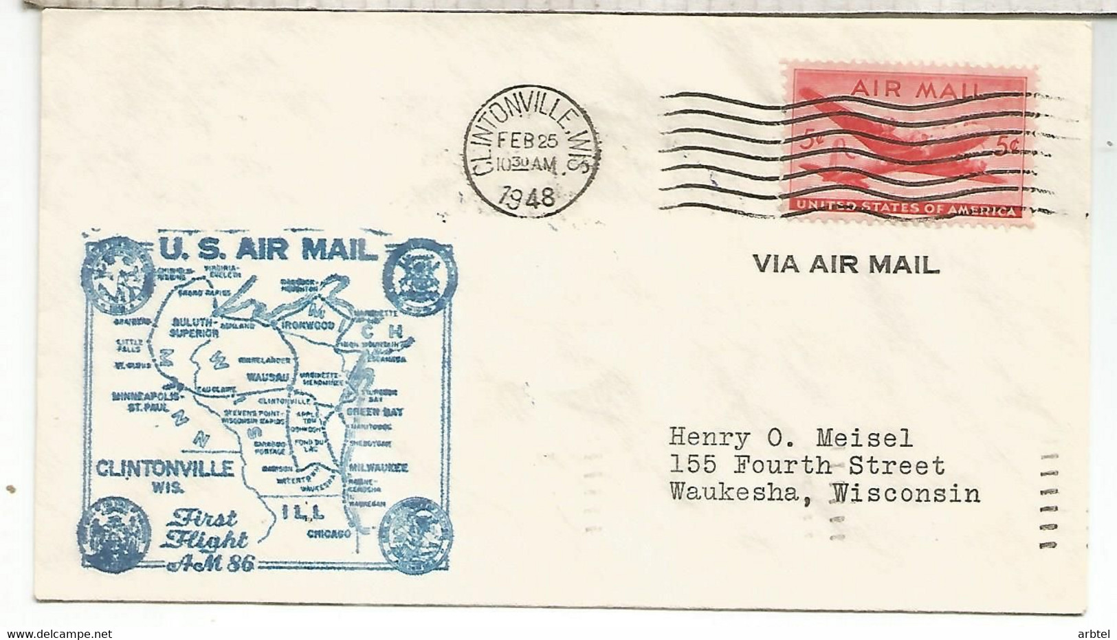 ESTADOS UNIDOS USA CC PRIMER VUELO 1948 CLINTONVILLE WISCONSIN A WAUKESHA - 2b. 1941-1960 Unused