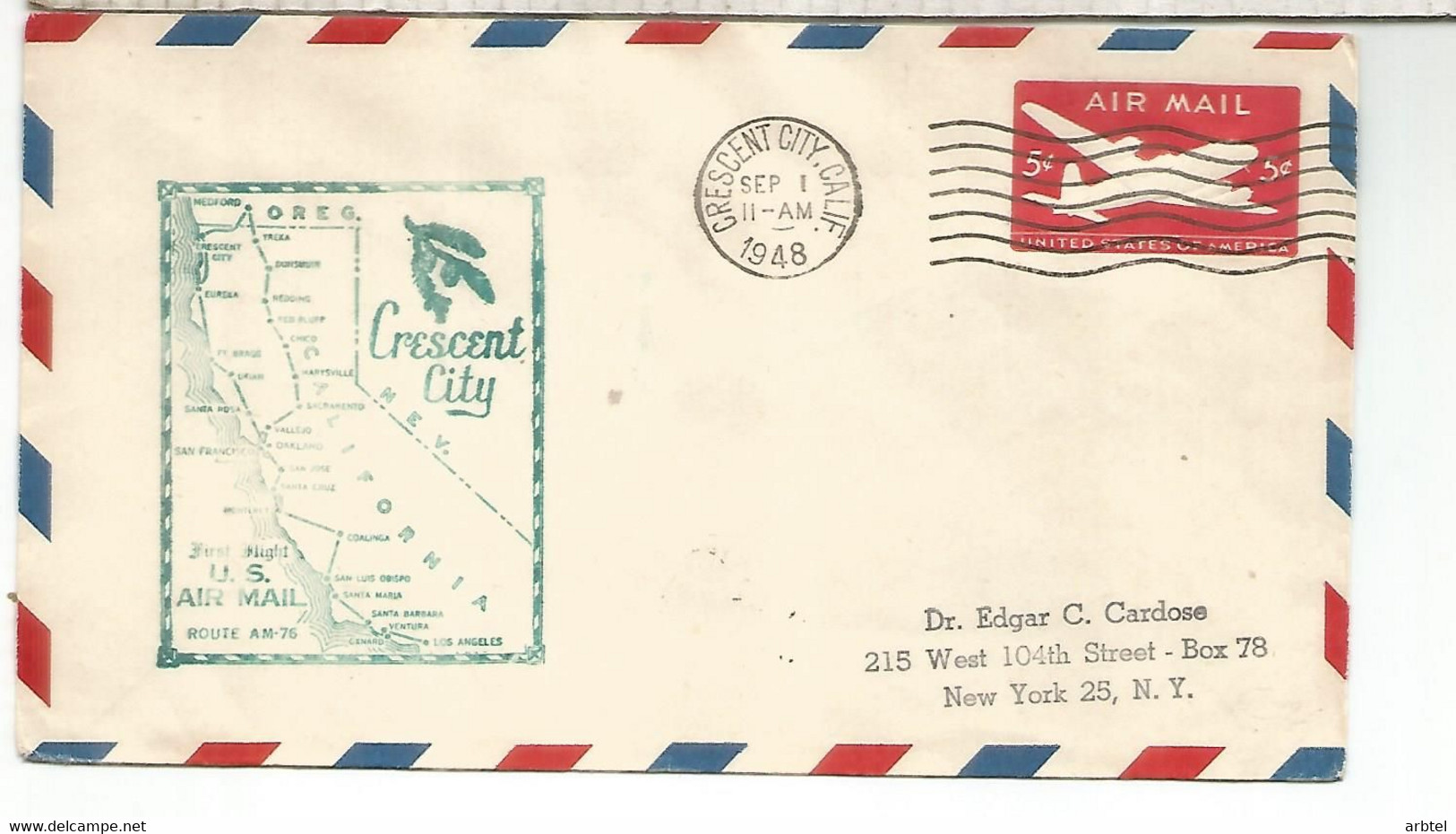 ESTADOS UNIDOS USA CC PRIMER VUELO ROUTE AM 76 CRESCENT CITY AL DORSO MAT MEDFORD 1948 - 2b. 1941-1960 Nuovi