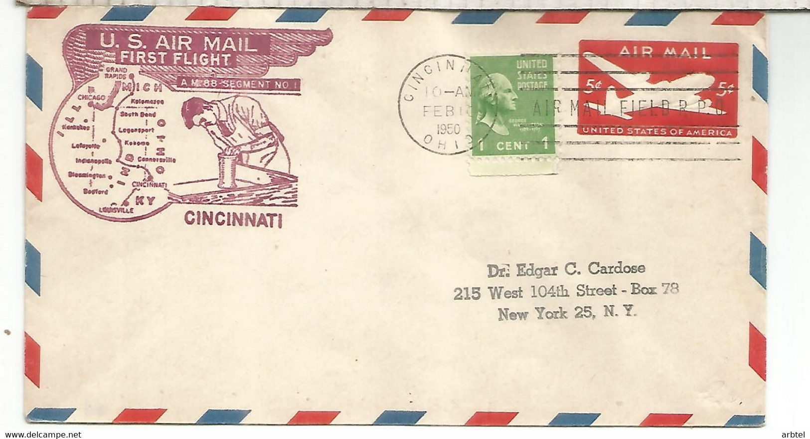 ESTADOS UNIDOS USA CC PRIMER VUELO 1950 CICINNATI OHIO AL DORSO MAT INDIANAPOLIS - 2b. 1941-1960 Ungebraucht