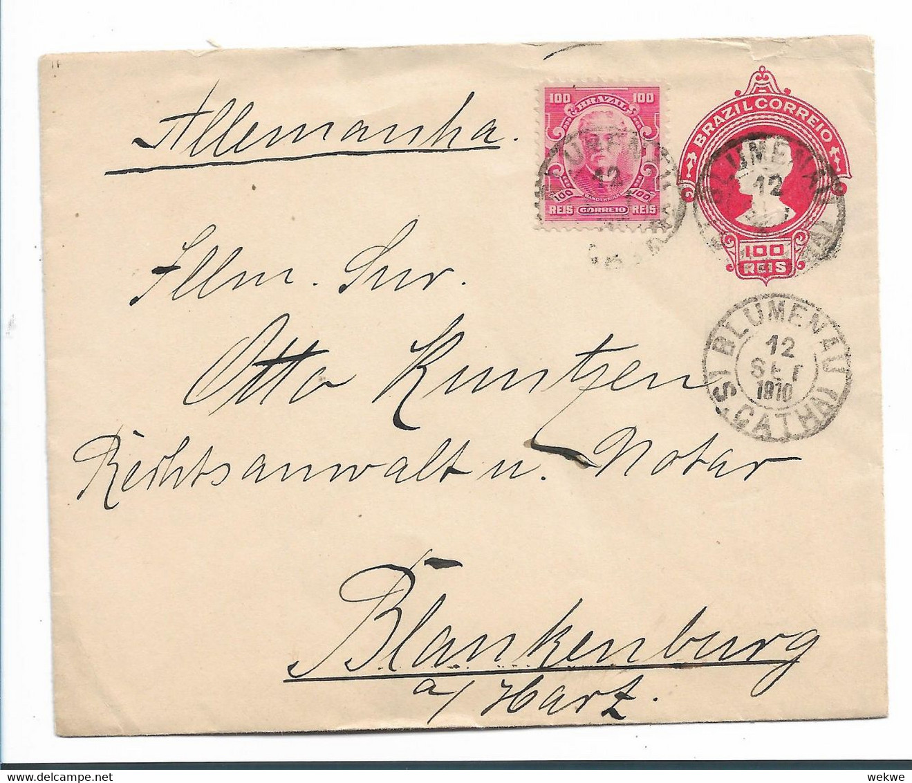 Bra176 / BRASILIEN - Ganzsache, Aufgewertet, 1910 Ex Blumenau Nach Blankenburg/Deutschland - Lettres & Documents