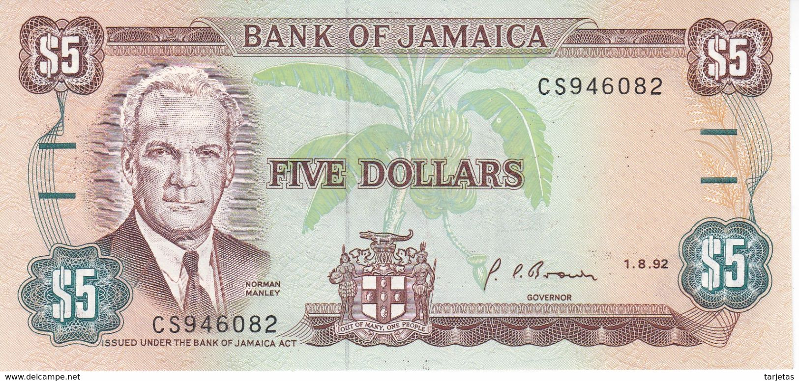 BILLETE DE JAMAICA DE 5 DOLLARS DEL AÑO 1992 SIN CIRCULAR (UNC)  (BANKNOTE) - Jamaica