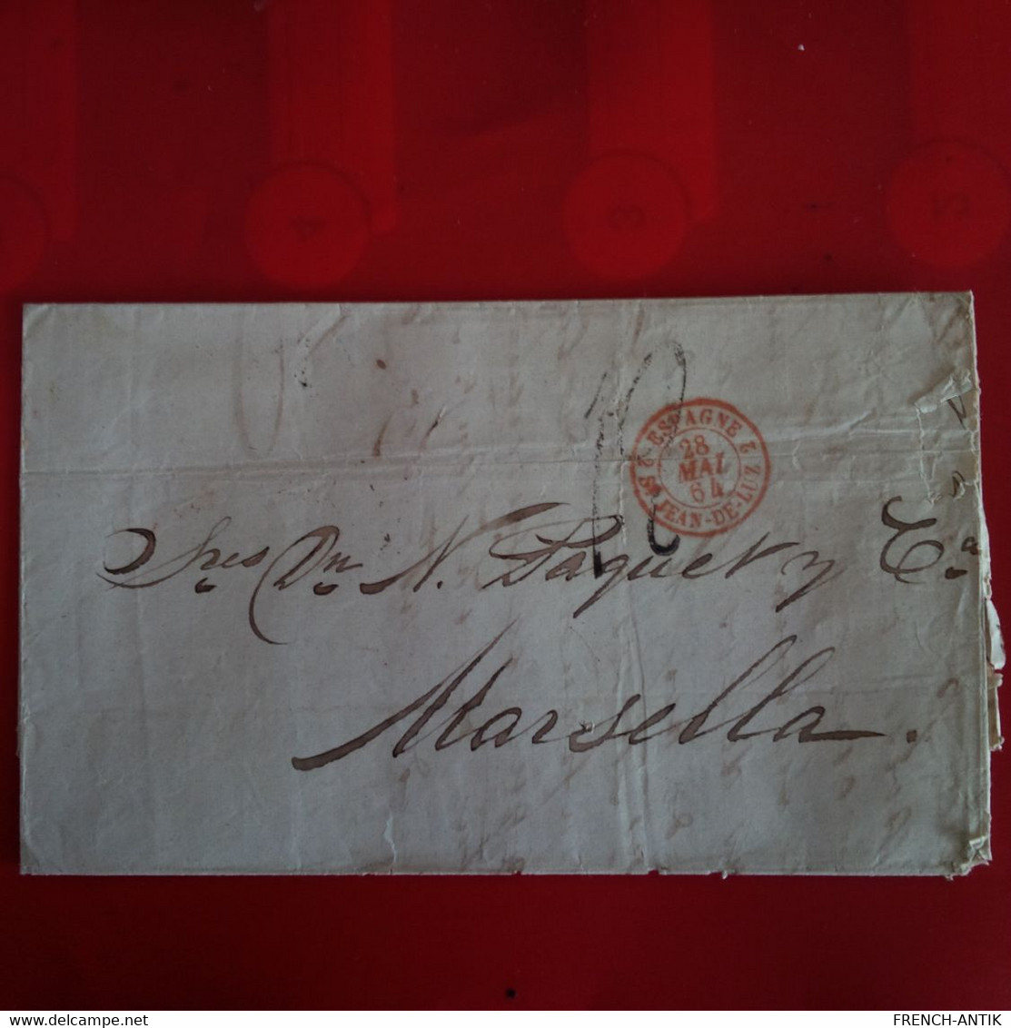 LETTRE ESPAGNE ST JEAN DE LUZ CACHET ROUGE POUR MARSEILLE CACHET SAN ROQUE 1864 - Cartas & Documentos