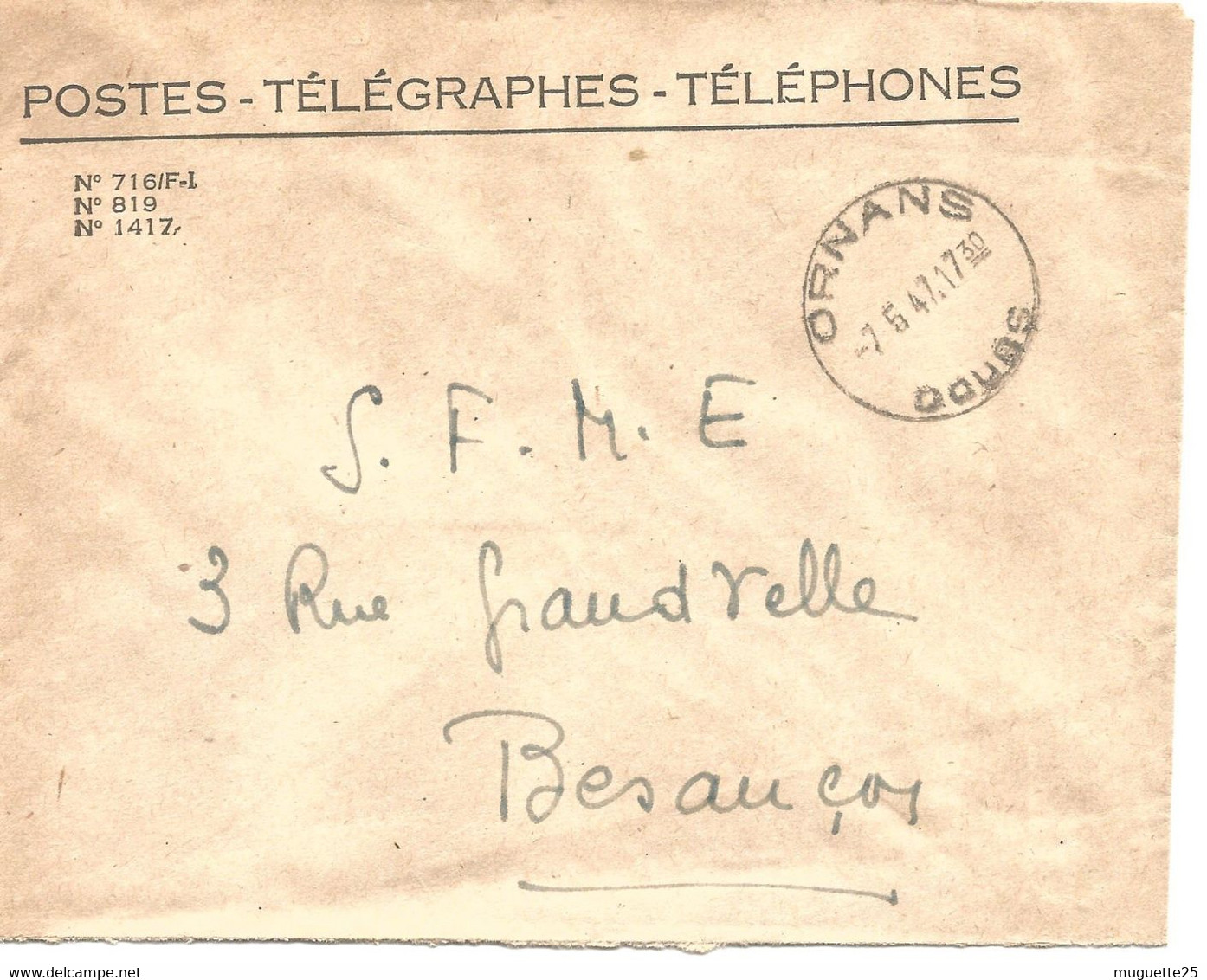 France Enveloppe -Postes-télégraphes-téléphones -cachet à Date  -1947- Ornans - (25-Doubs) - Post