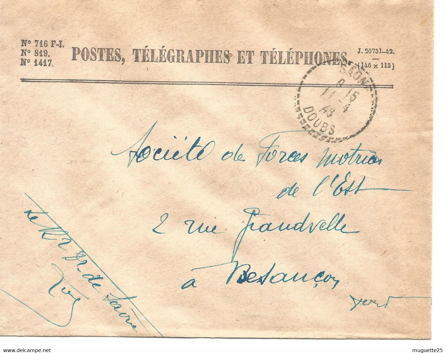 France Enveloppe -Postes-télégraphes-téléphones -cachet à Date  -1948- Sâone - (25-Doubs) - Post