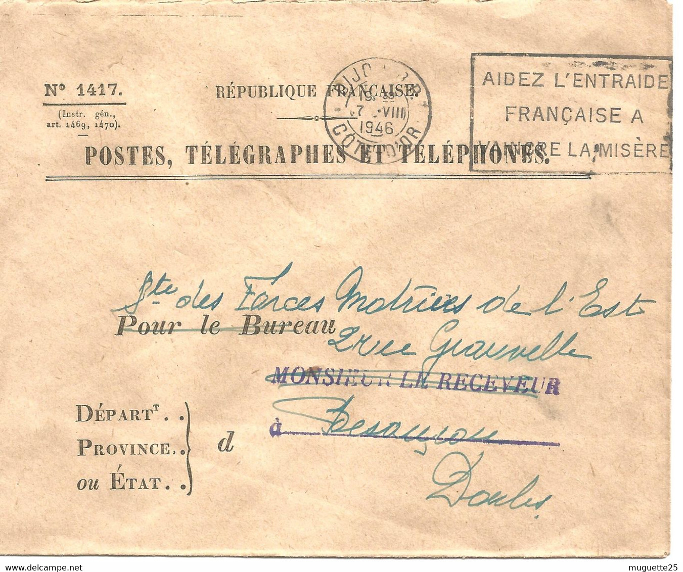 France Enveloppe -Postes-télégraphes-téléphones -cachet à Date  -1946- Dijon(21-Côte D'Or) - Poste