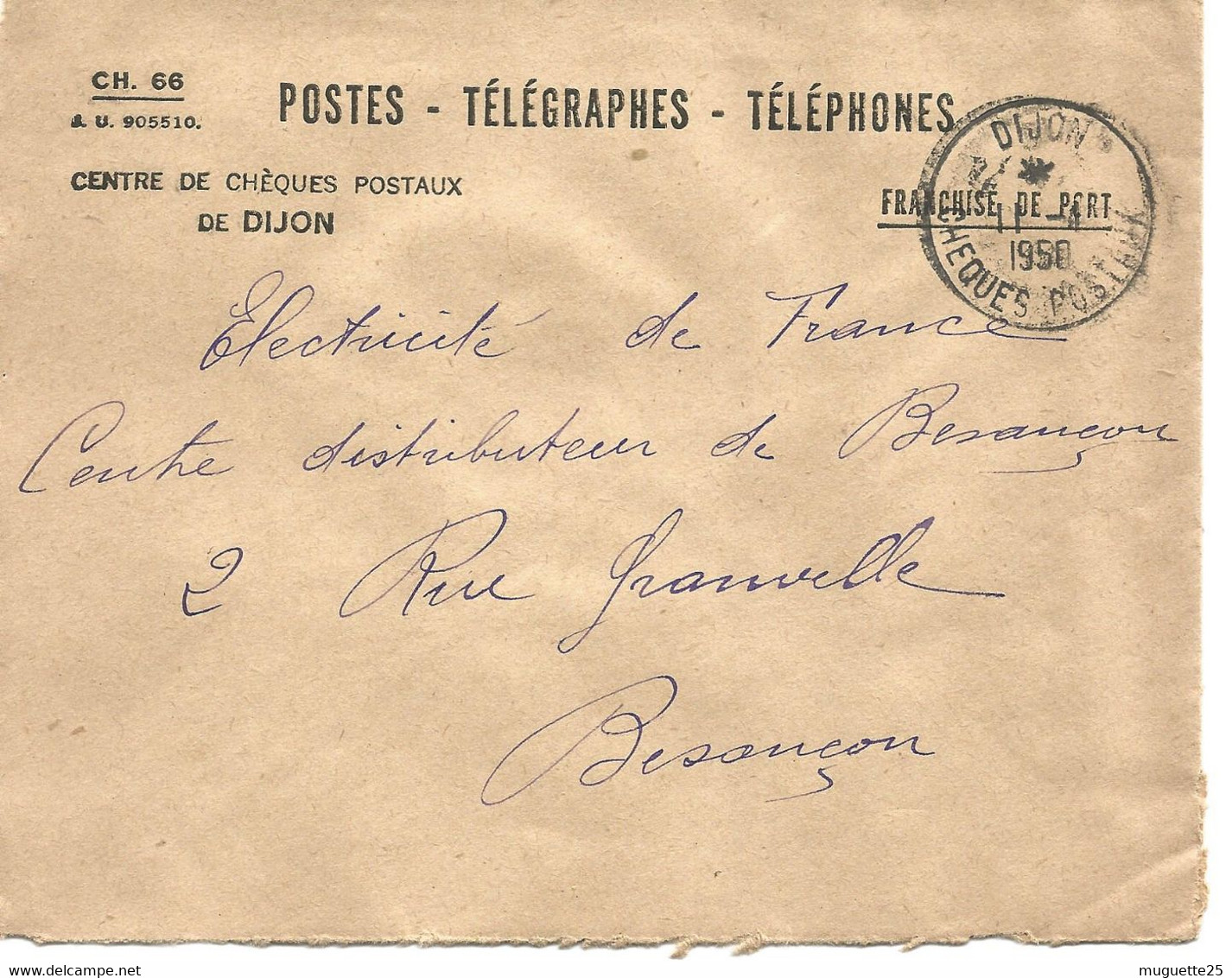 France Enveloppe -Postes-télégraphes-téléphones -cachet à Date  -1950- Chéques Postaux-Dijon(21-Côte D'Or) - Posta