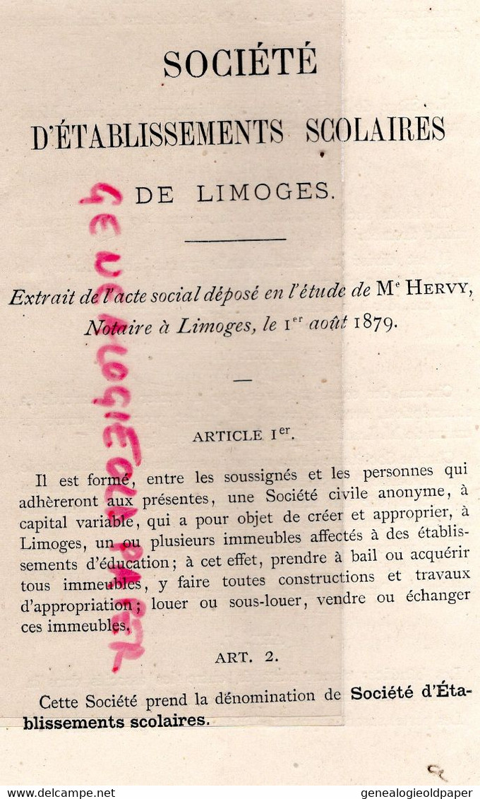 87-23-19- ECOLE -SOCIETE ETABLISSEMENTS SCOLAIRES LIMOGES-ETUDE HERVY NOTAIRE 1879- ADOLPHE JOUHANNEAUD-LAMY LA CHAPELLE - Limousin