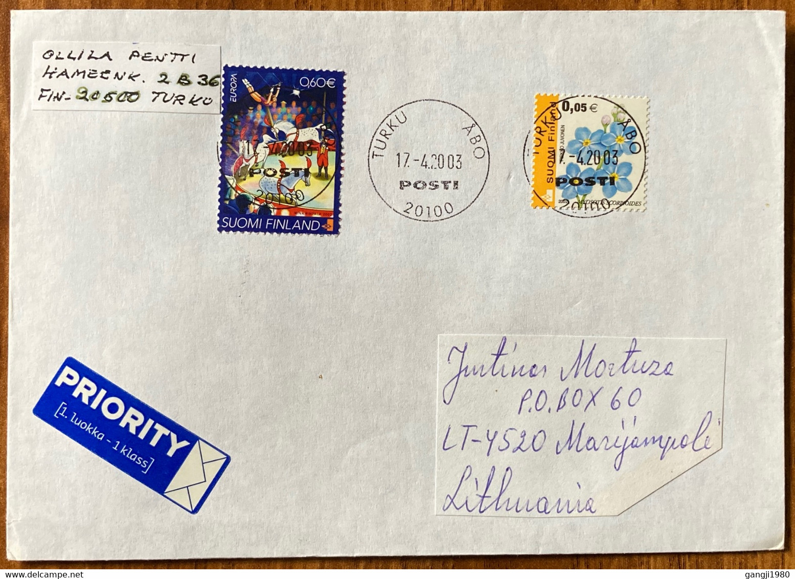 FINLAND,2003, COVER USED TO LITHUANIA , FLOWER, EUROPA, CIRCUS, HORSE, ARTIST, PUBLIC, TURKU CITY & MARIJAMPOLE CITY CAN - Lettres & Documents