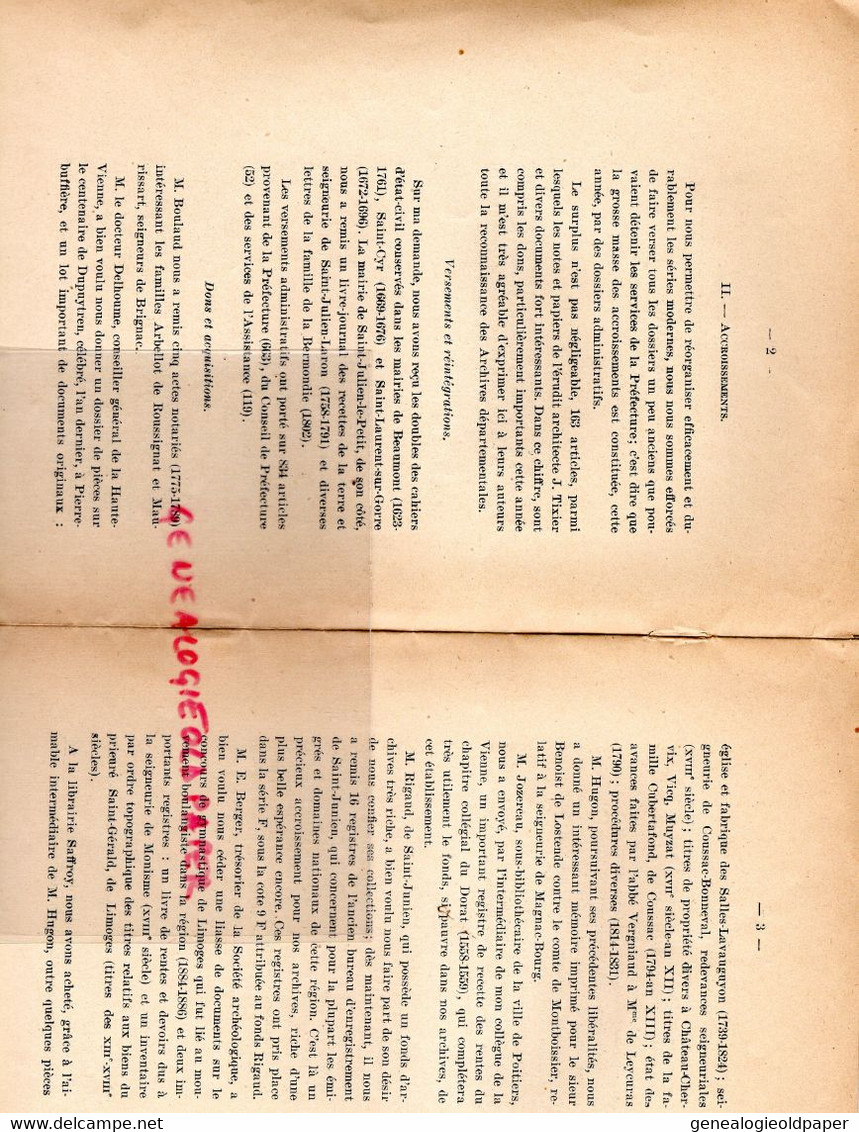 87- LES ARCHIVES DEPARTEMENTALES HAUTE VIENNE EN 1935-1936- A. BETGE -IMPRIMERIE CHARLES LAVAUZELLE - Limousin