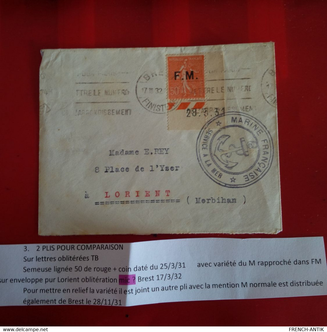 LETTRE BREST POUR LORIENT CACHET MARINE TIMBRE SURCHARGE F.M - Covers & Documents