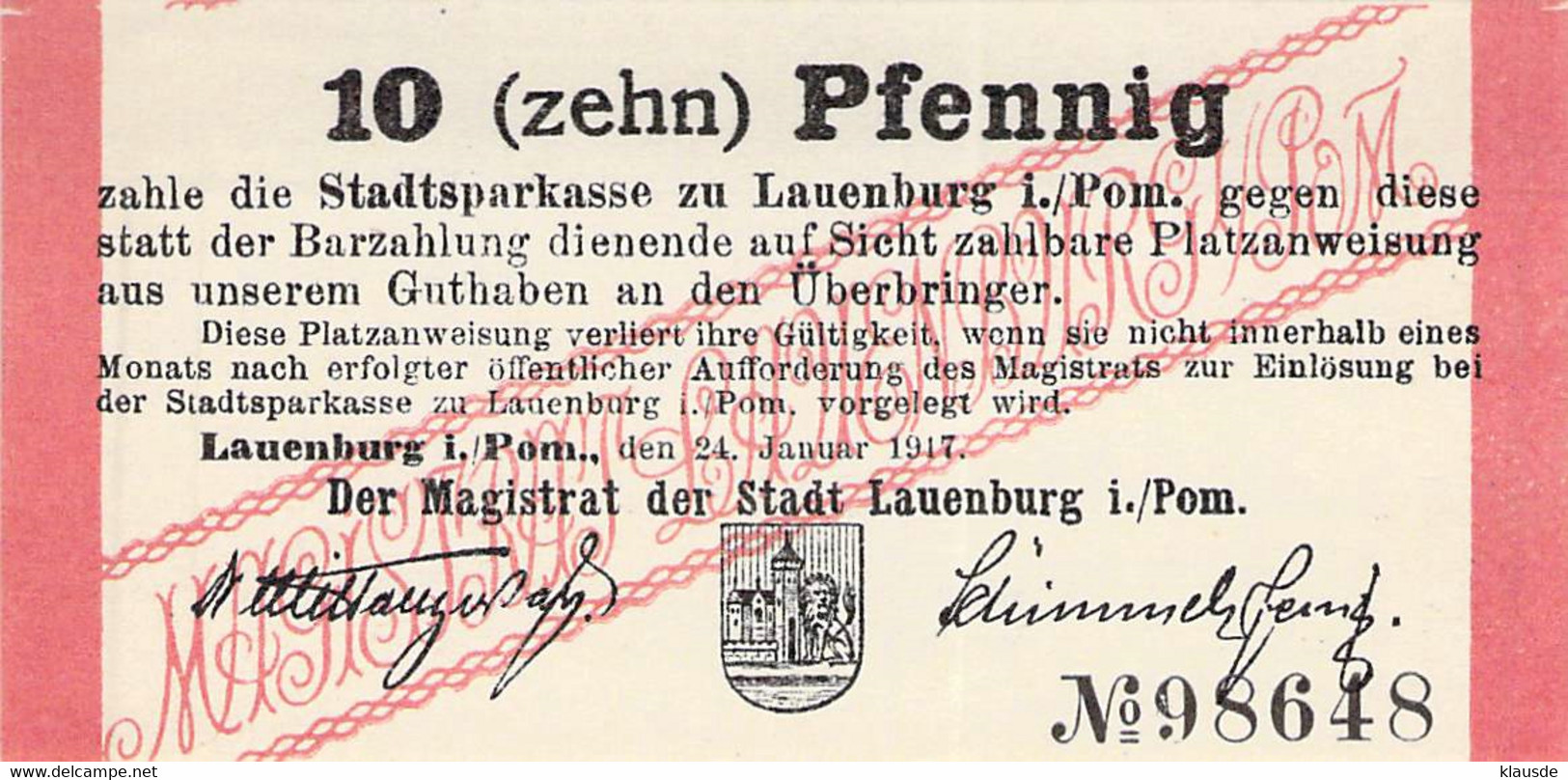 Lauenburg /Pom. (Leborg) Notgeld 5+10Pfg. UNC - 1° Guerre Mondiale