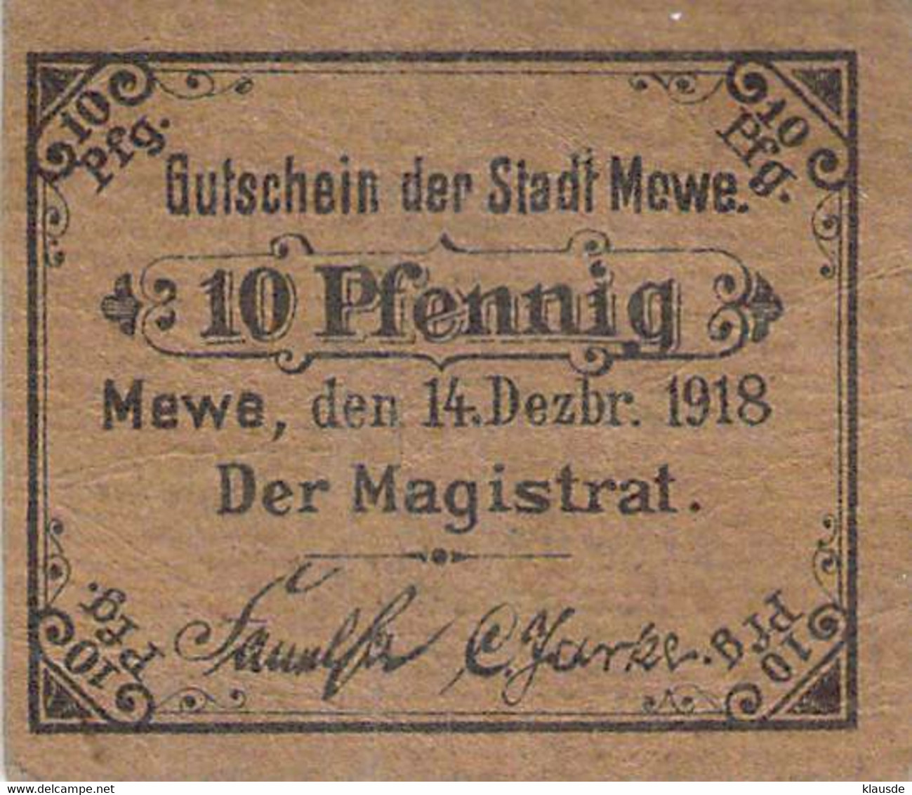 Mewe (Gniew) Westpr. Notgeld 10+15Pfg. UNC - 1° Guerra Mondiale