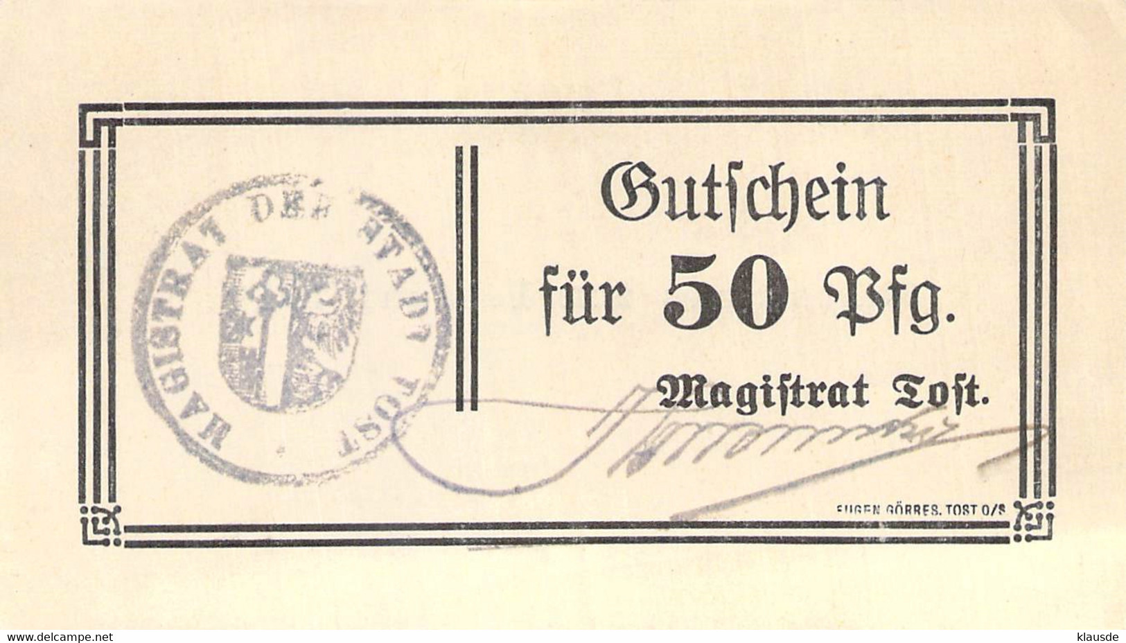 Stadt Tost (Toszek) Schlesien 50Pfg. Notgeldschein 1917 UNC - 1. WK