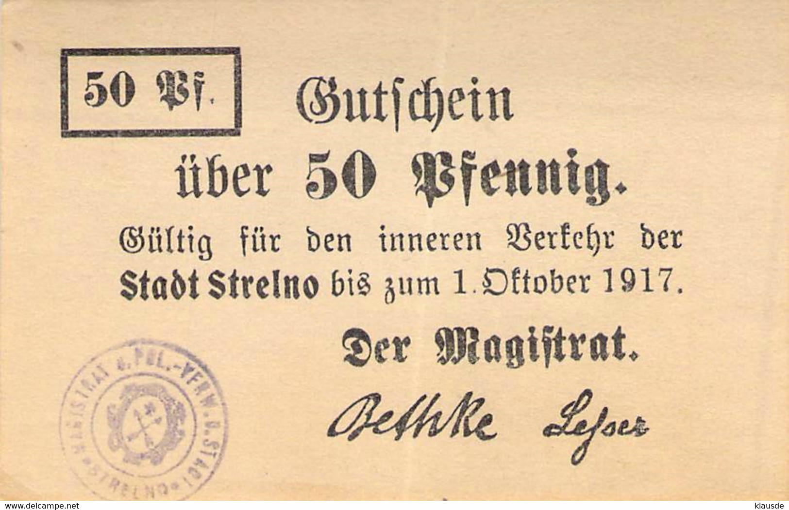 Strelno (Strzelno) Pommern 3  Notgeldschein 1914 UNC - WWI