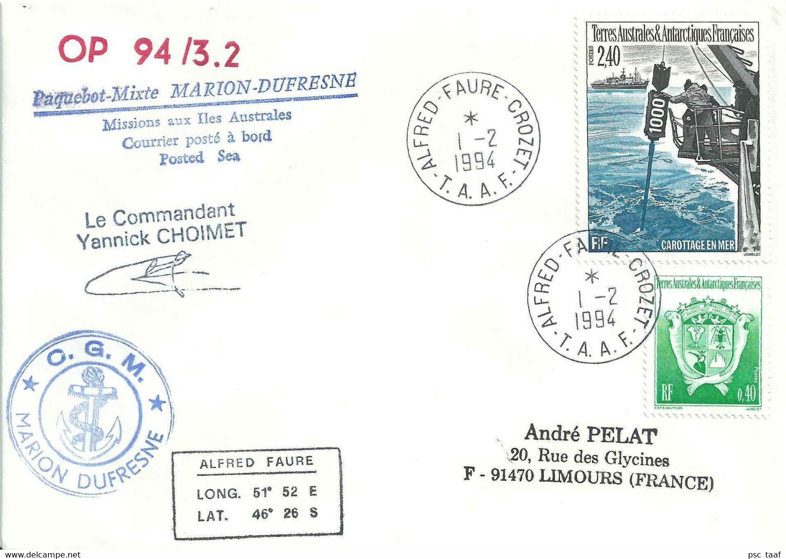 YT 187 Carottage En Mer - Posté à Bord Du MD - Alfred Faure - Crozet - 01/02/1994 - Cartas & Documentos