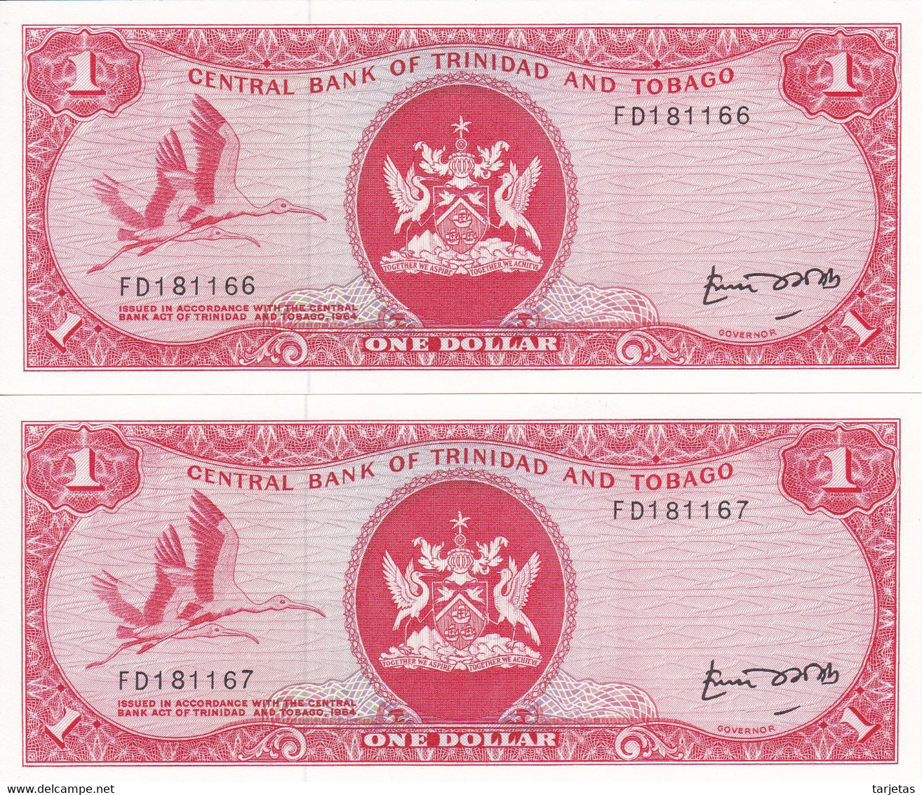 PAREJA CORRELATIVA DE TRINIDAD Y TOBAGO DE 1 DOLLAR DEL AÑO 1977 SIN CIRCULAR (UNC)(BANKNOTE) - Trinité & Tobago