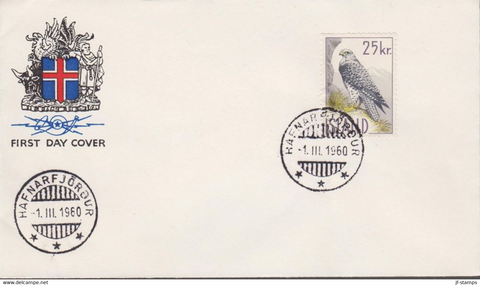 1960. ISLAND. Islandic Falcon. 25 Kr. FDC HAFNARFJÖRDUR -1. III. 60. Very Unusual FDC Cancell... (Michel 339) - JF518911 - Storia Postale