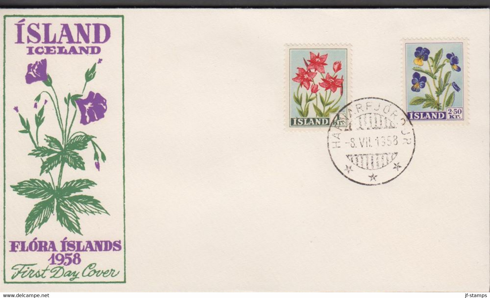 1958. ISLAND. Flowers Set On FDC HAFNARFJÖRDUR 8.VII. 1958. Unusual With FDC Outside Reyk... (Michel 323-324) - JF518922 - Covers & Documents