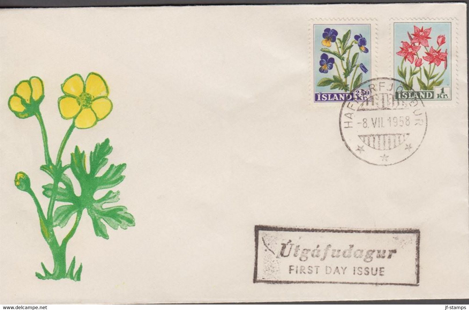 1958. ISLAND. Flowers Set On FDC HAFNARFJÖRDUR 8.VII. 1958. Unusual With FDC Outside Reyk... (Michel 323-324) - JF518923 - Covers & Documents